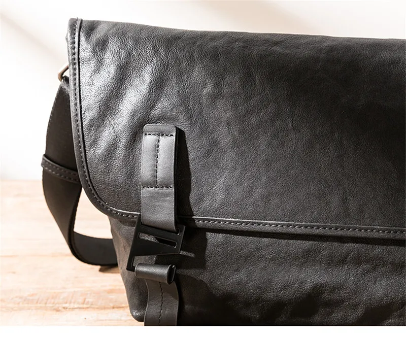 Casual handmade genuine leather men's black work messenger bag outdoor youth daily luxury real cowhide tablet hasp shoulder bag