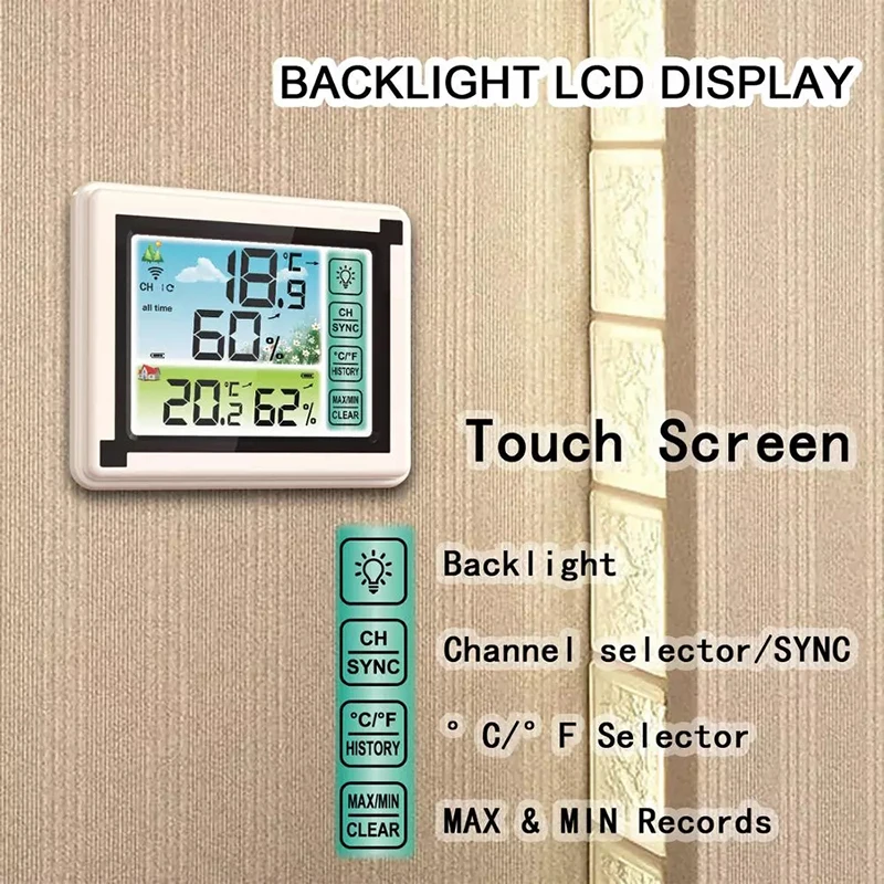 

Color Touch Screen Weather Station + Outdoor Forecast Sensor Backlight Thermometer Hygrometer Wireless Weather Station
