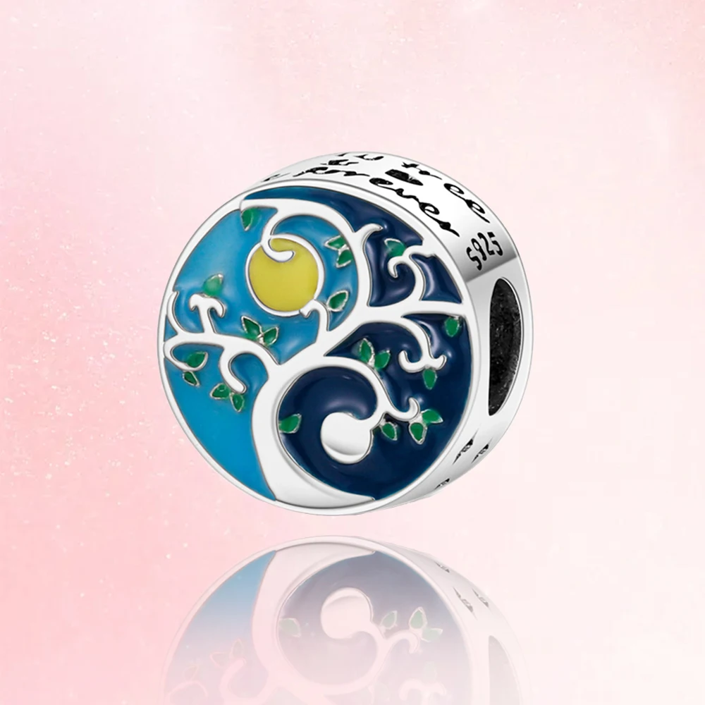 

NEW 100% 925 Sterling Silver fruit tree pattern blue Charm Beads Fit Original Pandora Bracelet Pendant Necklace DIY Jewelry