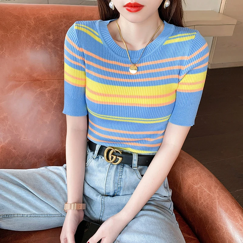 

Spring Knit Women's T-Shirt Basic Sexy Streetwear Stripe Short Sleeve Tops Casual T Shirt O-Neck Girl's T-Shirts Female Clothing