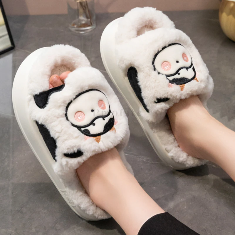 Furry Women's Home Slippers Cute Cow Thick Plush Winter Female Indoor Shoes on Platform Slippers Soft Warm House Slides Animals