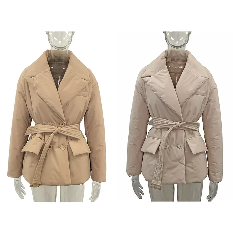 2022New Simple Pockets Parkas Women Fashion Double Breasted Coats Women Solid Tie Belt Notched Cotton Jackets Ladies