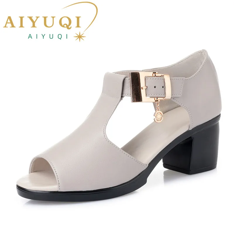 Купи AIYUQI Women Sandals Genuine Leather 2023 Summer Fashion Style Woman Sandals Solid Casual Concise Lady Med Heel Shoes за 1,940 рублей в магазине AliExpress