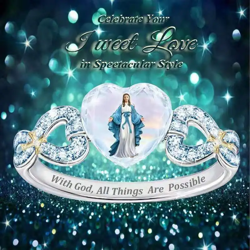 

Кольца в форме сердца из хрустального стекла Дева Мария, женские кольца, новые модные аксессуары для религиозной религии, подарки для вечер...