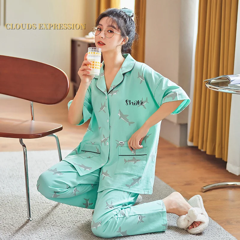 Весенне-Летняя короткая Пижама с мультяшным принтом Женский пижамный комплект