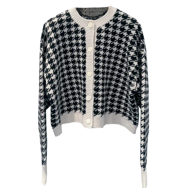 

Женский винтажный кардиган в клетку, свободный трикотажный однобортный свитер с длинным рукавом и круглым вырезом, Осень-зима 2023