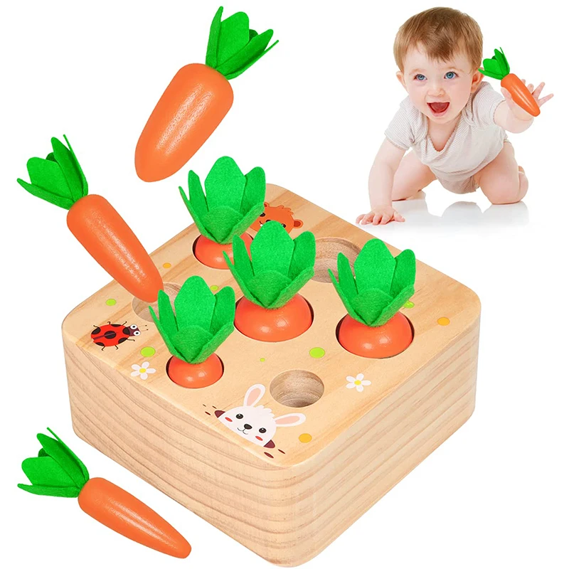 

Wooden Toys Baby Montessori Toy Set Pulling Carrot Shape Matching Size Cognition Children Sensory Educational Toys For Kids Gift