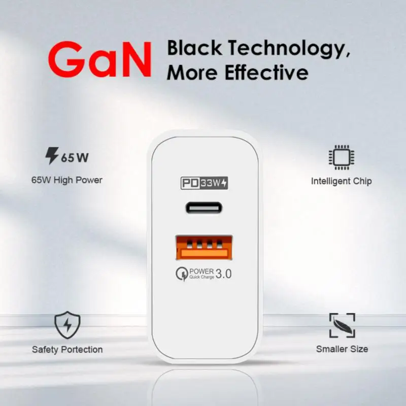 PD 65W GaN Charger USB Fast Charging Mobile Phone Koreaanse Type 2 Port Charger  High Heat Dissipation Efficiency For IPhone 14