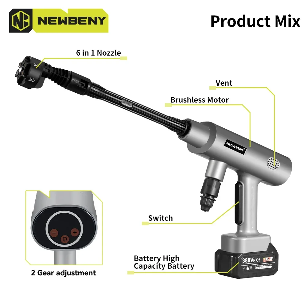 NEWBENY 200 бар 6 в 1 бесщеточная электрическая автомойка аккумуляторная садовая