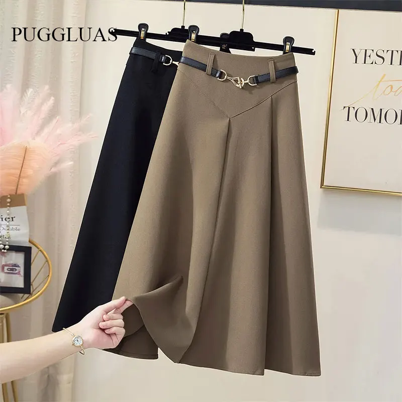 

Elegant Women Skirt With Belt Plain Stylish Fashion Casual Street OL Office Ladies Solid Midi Pleated A-line Suit Skirts Faldas
