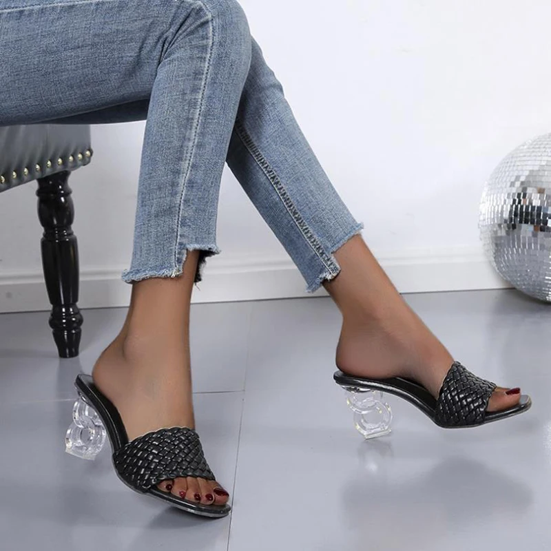 

Summer Weave Crystal Heel Women Slippers Open Toe Slides Casual Ladies Shoes Slip-On Beach Sexy Pumps Muller Shoes Size 35-43