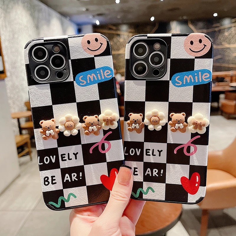 

3D Bear black and white checker smiley face Phone Case for Huawei P 20 30 40 50 Pro Mate 20 30 40 Pro Nova 4 5i 6 7se 8 Honor