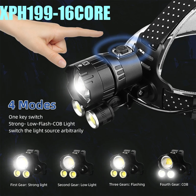 

LED Headlamp XHP199 Most Powerful Rechargeable 2 COB Powerful Headlight Outdoor Waterproof Zoomable Head Torch Use 18650 Battery