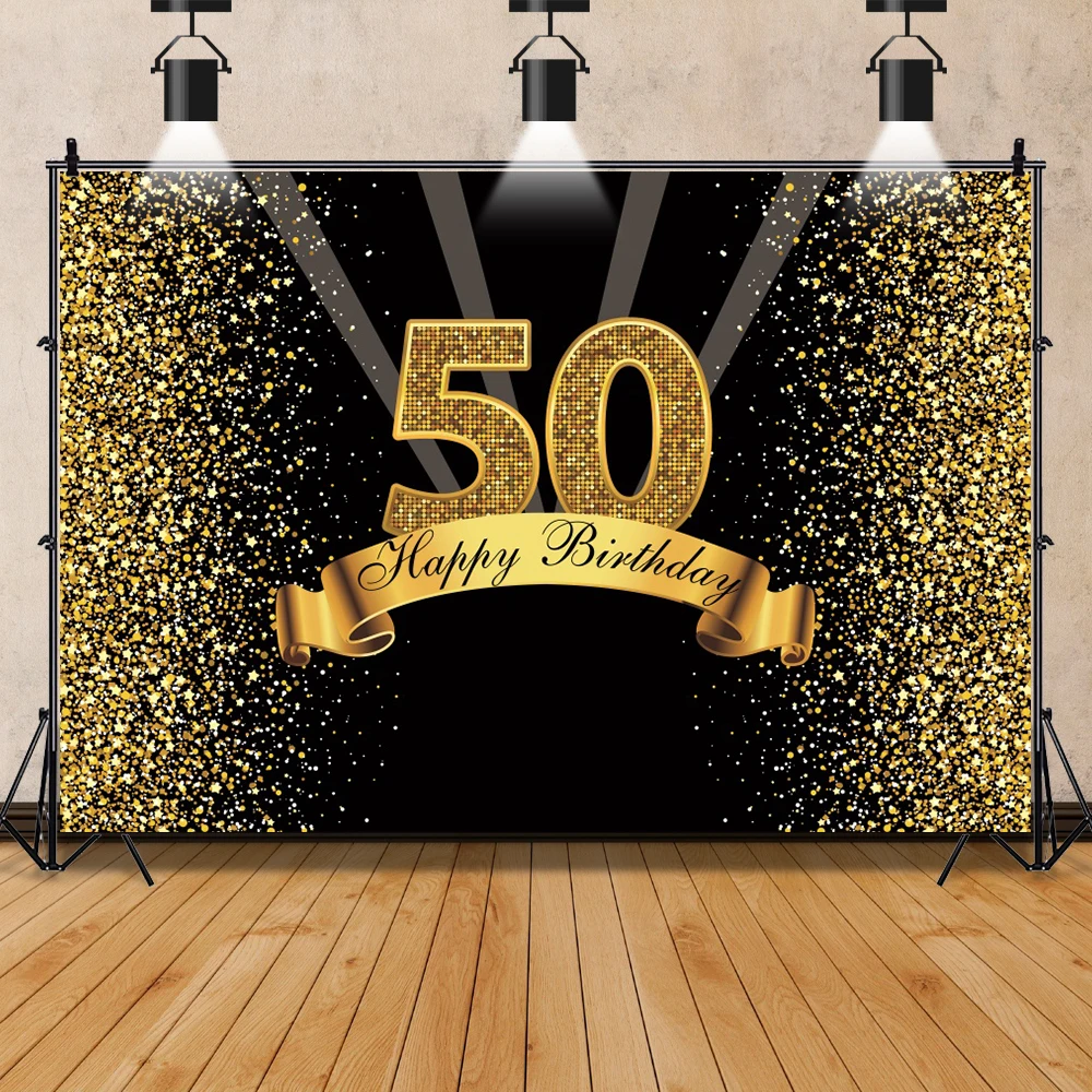 Happy Birthday Family Party Photo Backdrop Age Customized Photography Background Golden Polka Dot Poster Balloons Decor Poster images - 6
