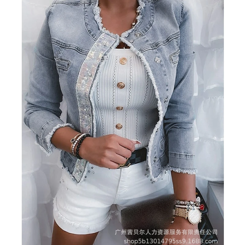 

Women Denim Jacket Summer Solid Sequins Slim Fit Patchwork Split Coat Women Long Sleeve Single-Breasted Round Neck Denim Jacket