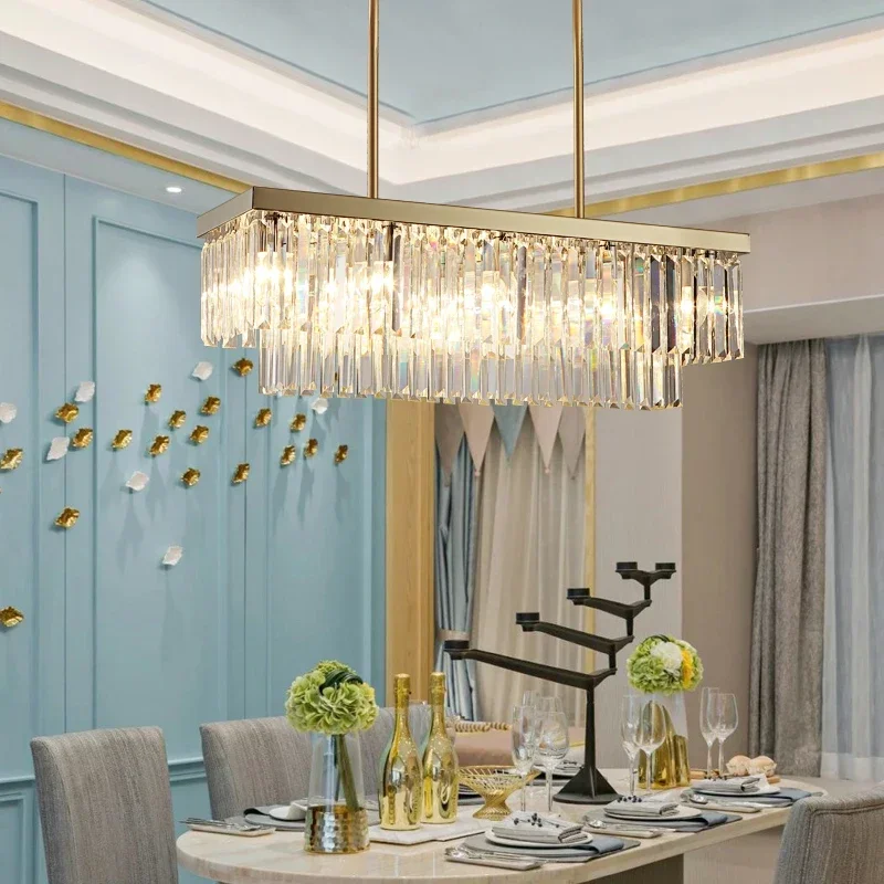 

Прямоугольная хромированная Золотая люстра для столовой, спальни, светодиодная Хрустальная кухонная люстра, роскошная Подвесная лампа, Современная Серебряная фотолюстра 2023