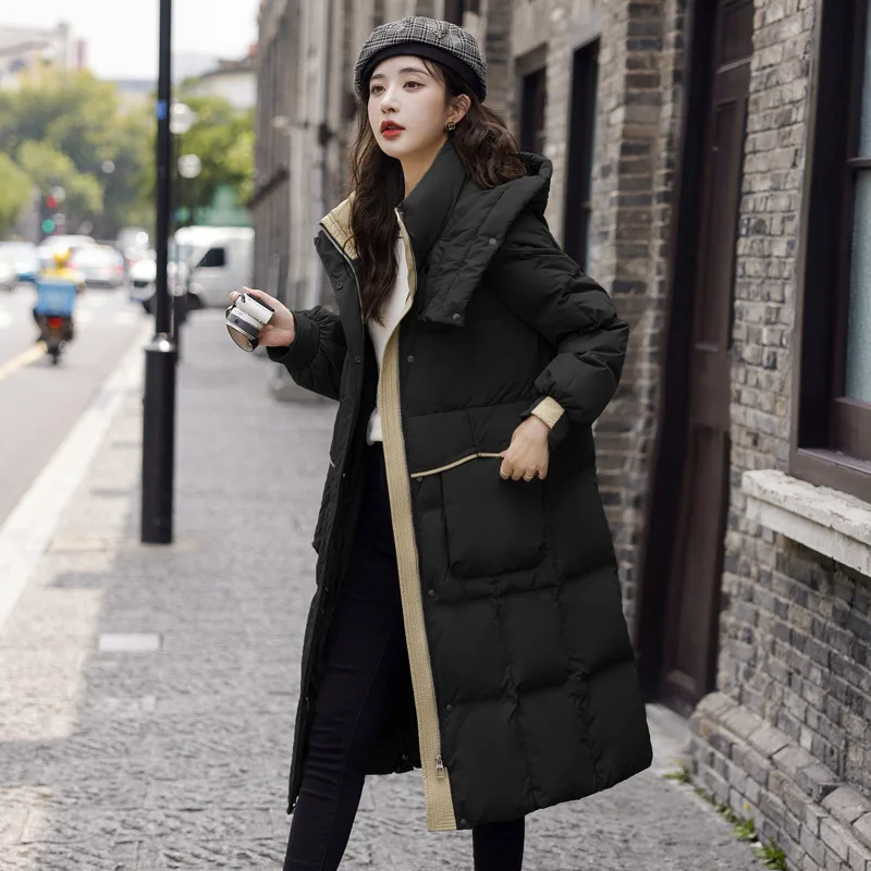 

Пуховик женский длиной до колен, свободная утепленная куртка с капюшоном в Корейском стиле, на белом утином пуху 90 градусов, для зимы