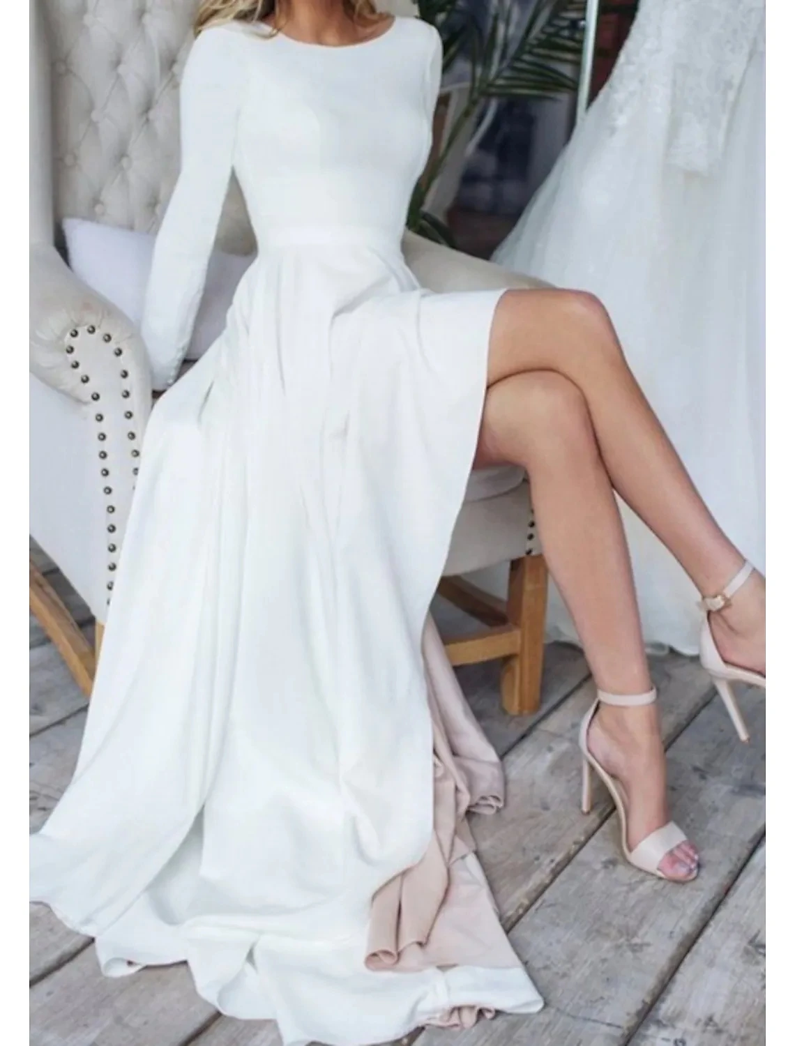 

High Low White Formal Evening Dresses Jewel Neck Long Sleeve Opne Back Soft Satin Prom Party Gown 2022 Robe De Soiree