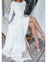 high low white formal evening dresses jewel neck long sleeve opne back soft satin prom party gown 2022 robe de soiree