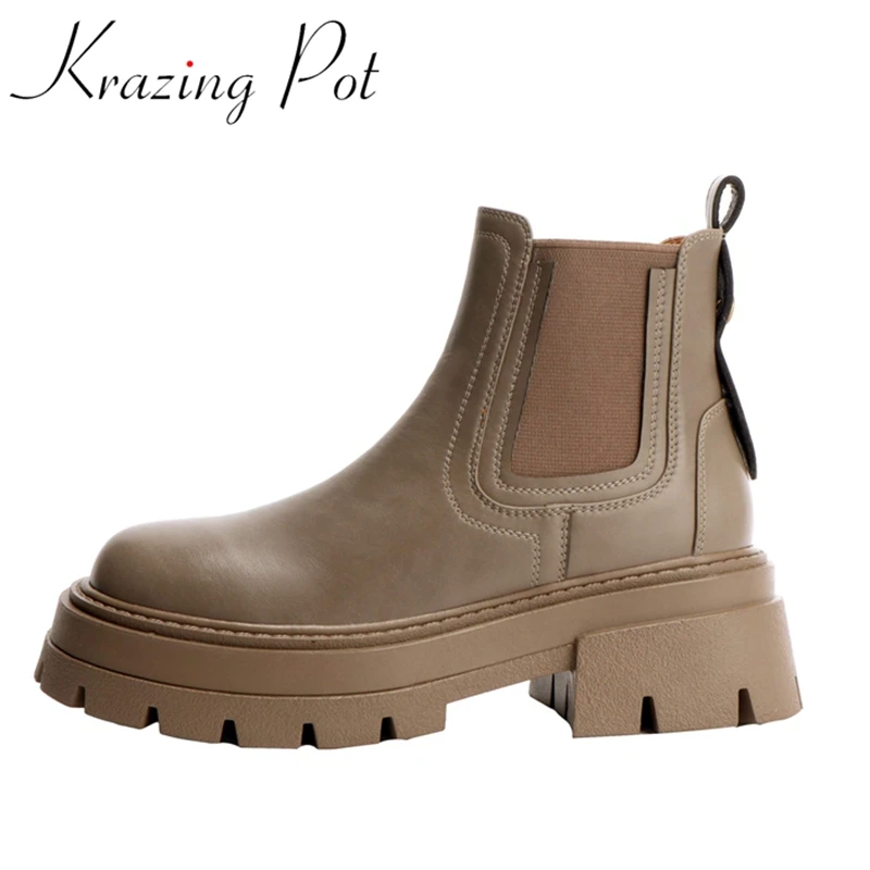 

Krazing Pot Full Grain Leather Round Toe Med Heels Chelsea Boots Sewing Thread Rivets Thick Bottom Vintage Slip on Ankle Boots