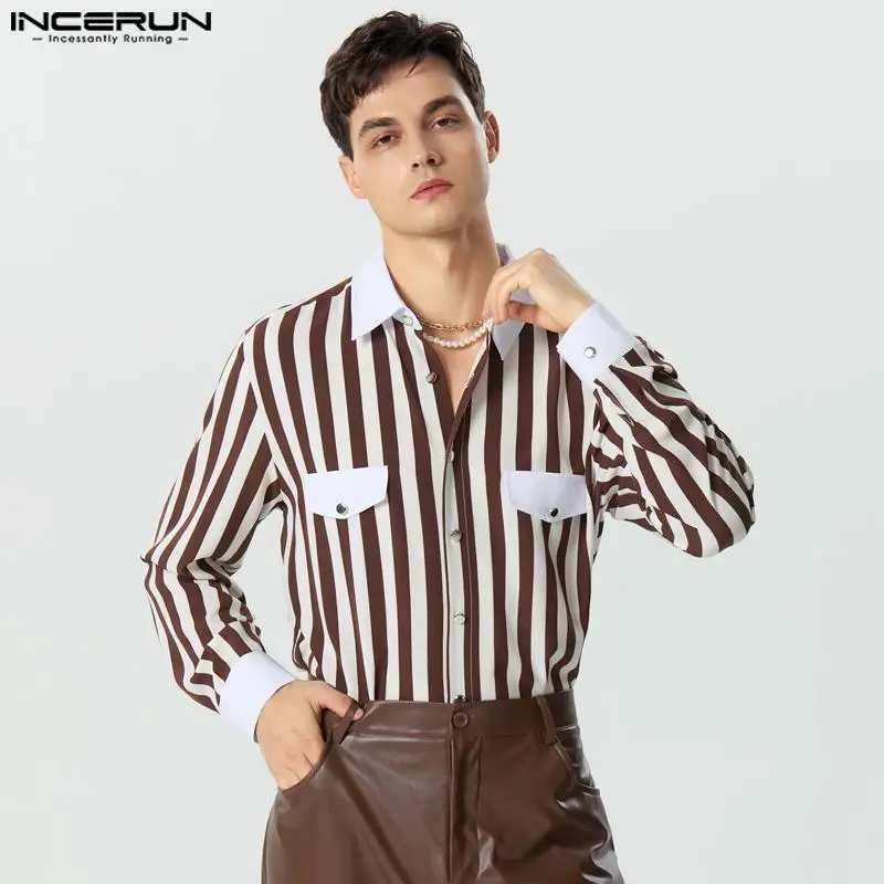 

INCERUN Men Shirt Striped Patchwork Lapel Long Sleeve Casual Men Clothing Streetwear Loose 2023 Stylish Leisure Camisas S-5XL