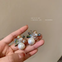 high quality crystal flower pearl earrings korean retro light luxury earrings fashion earrings personality creative earrings