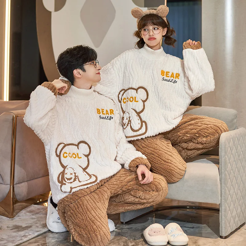 QUHENG Flannel Men's Pajama Pants Set Woman Winter Thick Warm Sleepwear for Couples Casual Loose Costumes Home Clothing Set