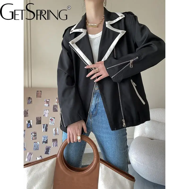 

GetSpring, Женский блейзер в стиле пэчворк на молнии, Женский костюм с длинным рукавом, модное Свободное длинное пальто для отдыха, женский костю...