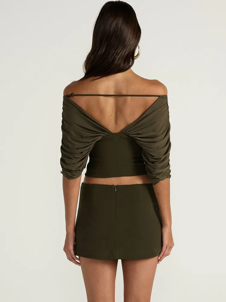 Фото Articat Fashion Элегантная однотонная футболка с глубоким V-образным вырезом и рукавами-летучая мышь для женщин, сексуальный облегающий топ с открытой спиной, пляжная одежда для отпуска №4