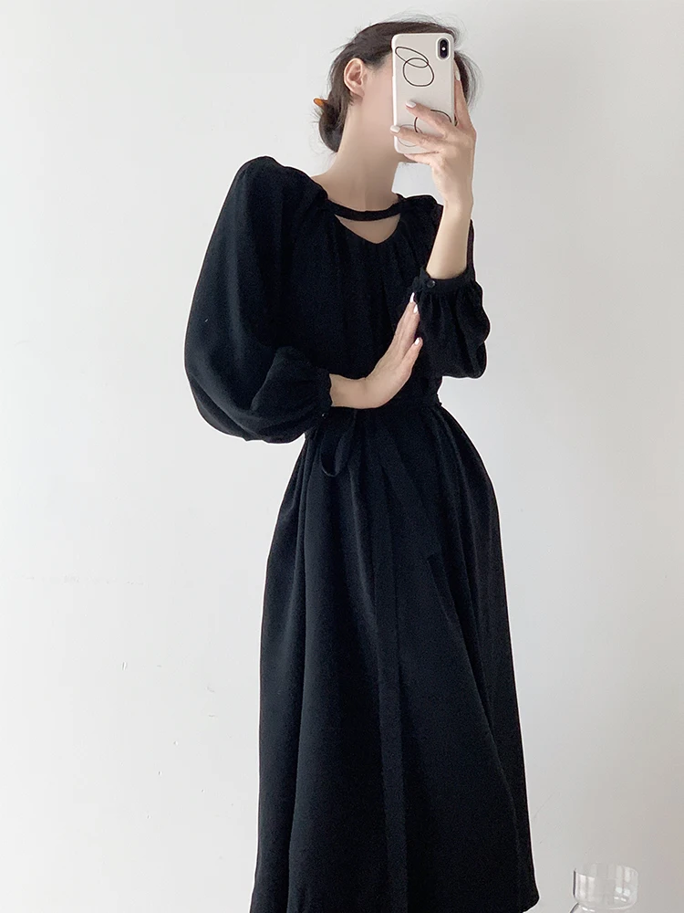 French Vintage Long Sleeve Dress For Women Spring Autumn Wear New Loose Casual Long Black Dresses