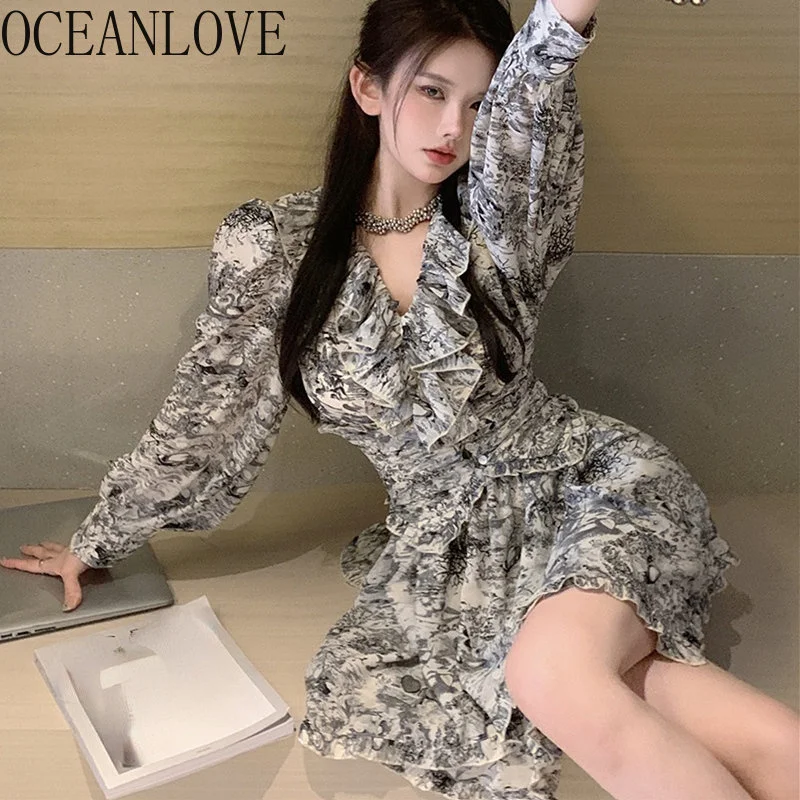 

Женское платье с оборками и цветочным принтом, весеннее винтажное облегающее мини-платье с V-образным вырезом, корейская мода, элегантные платья для женщин