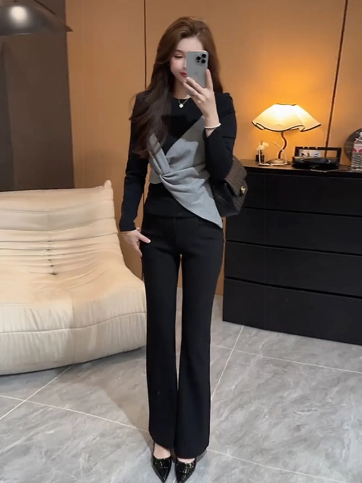 Рубашка с длинными рукавами нестандартного дизайна женская осенне-зимняя