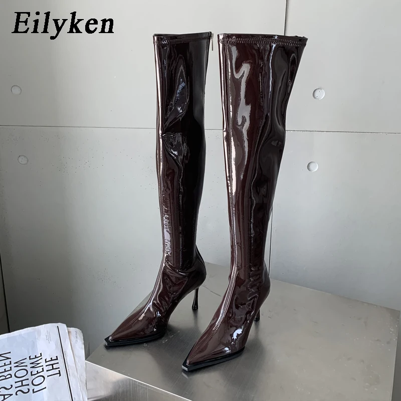 

Eilyken/2023 г., женские ботфорты из лакированной кожи пикантные мотоботы на молнии женские осенне-зимние сапоги на тонком высоком каблуке