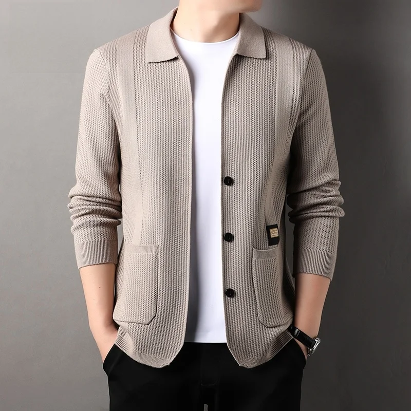 Pierre Cardin 2024 Spring and Autumn New Cardigan sweater Men's Lapel Knit Fashion Casual Jacket Men