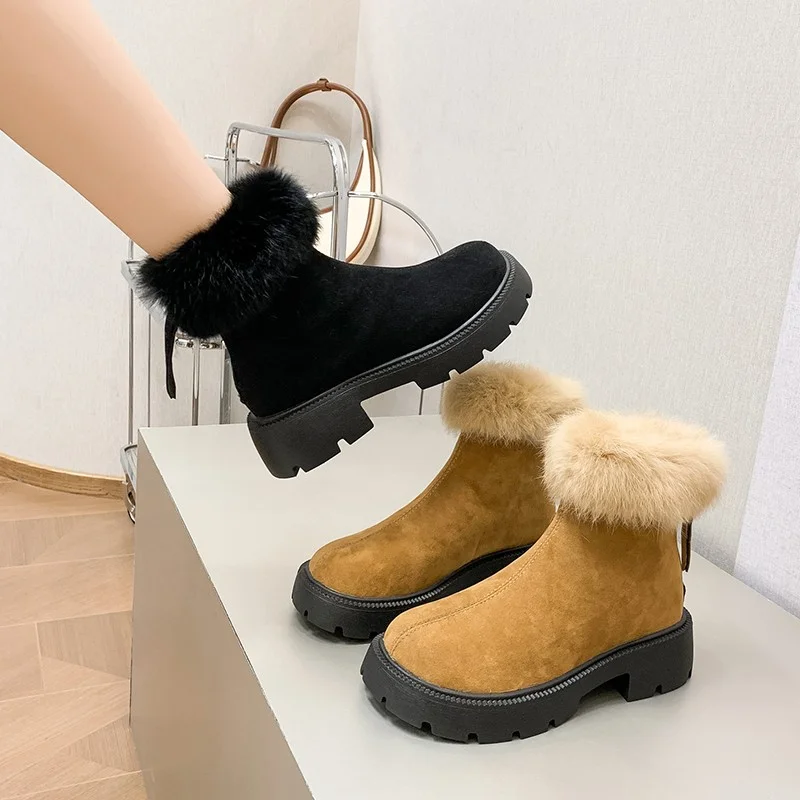 Winter Women's Ankle Boots Square Heel Snow Boots Plush Snow Boots Warm Platform Flock Slip Shoes Woman Woman Botas Mujer 2023