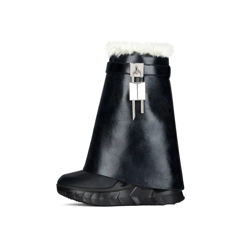 European and American New Thick Soled Leather Boots Women's Slope Heel High Heel Round Head High Shark Boots Knee High Boots