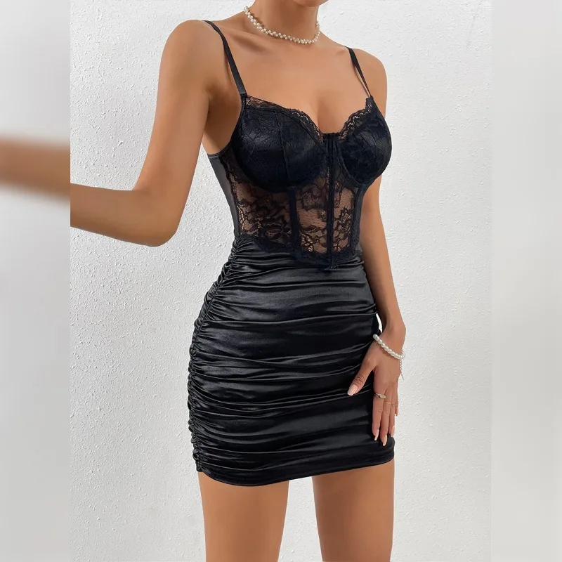 Женское сексуальное кружевное прозрачное Плиссированное облегающее платье в