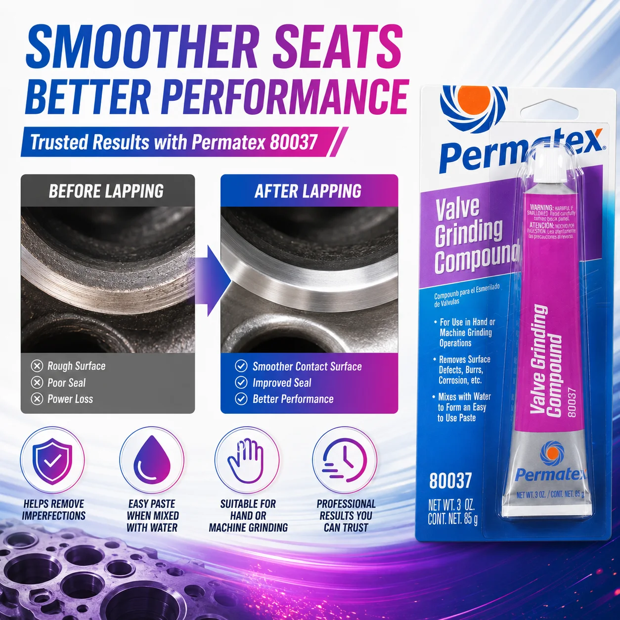 Фото Смазка для притирки клапанов Permatex 80037, 85 г (3 унции), средство для удаления дефектов поверхности при ремонте клапанов малолитражных автомобильных двигателей №4