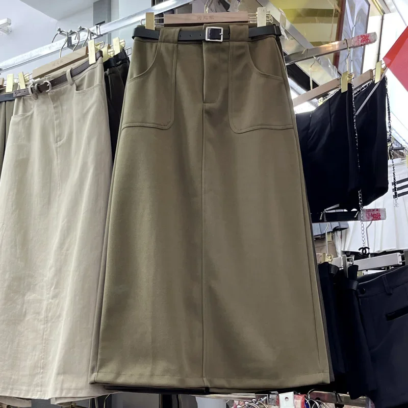 

Юбка-карго трапециевидная женская, длинная юбка с карманами и поясом, с завышенной талией, универсальная уличная одежда в Корейском стиле, на осень