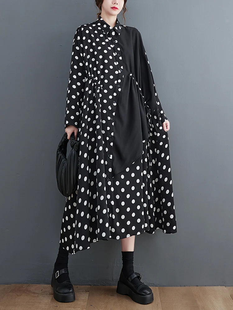 

Long Sleeve Polka Dot Print Patchwork Shirt Dresses For Women New Loose Casual Vintage Dress Elegant Clothing Spring Autumn 2022