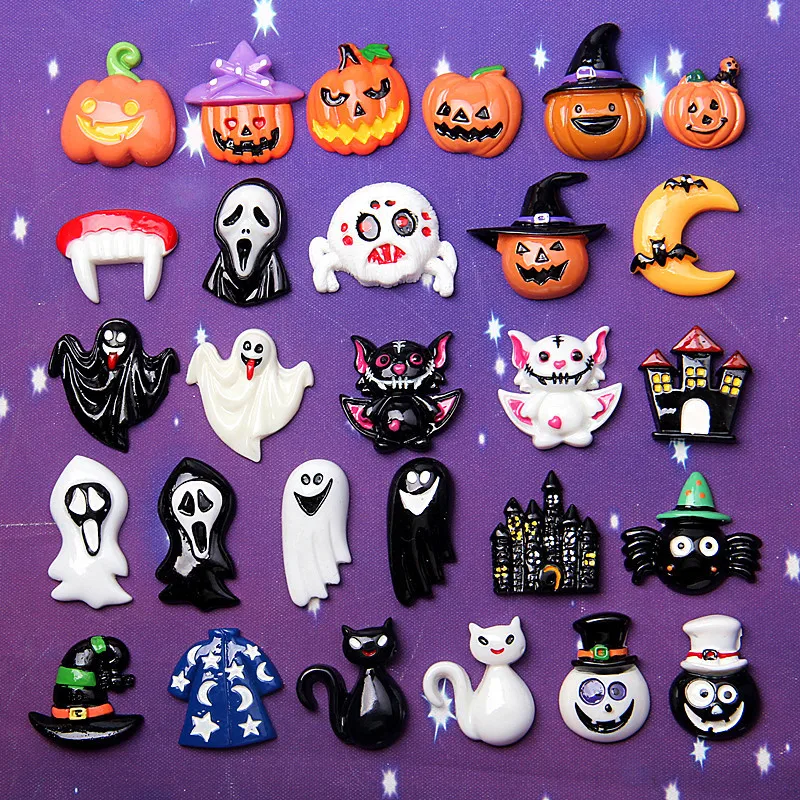 

10pcs New Halloween Vampire Ghost Pumpkin Bat House Resin Flatback Cabochons Scrapbook DIY Crafts Jewelry Making Supplies R73-2