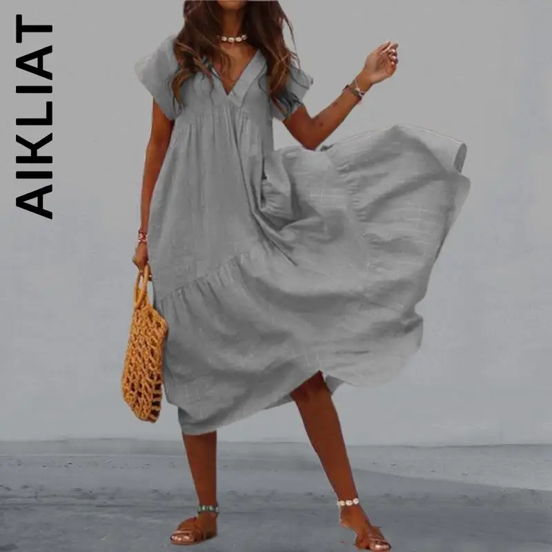 

Платье Aikliat, новые женские элегантные однотонные платья с оборками, асимметричный халат, мягкий халат, стильные Базовые платья, женская одеж...