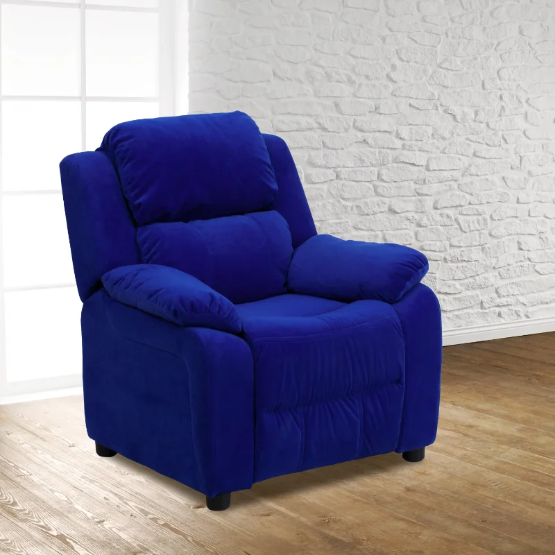 

Flash Furniture Deluxe Padded Contemporary Blue Microfiber Kids Recliner with Storage Arms lounge chair chairs living room