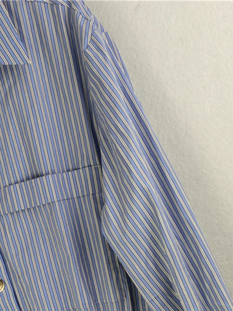 

Женское Плиссированное мини-платье, офисное однобортное платье-трапеция с отложным воротником и длинным рукавом, рубашка в полоску, весна 2023