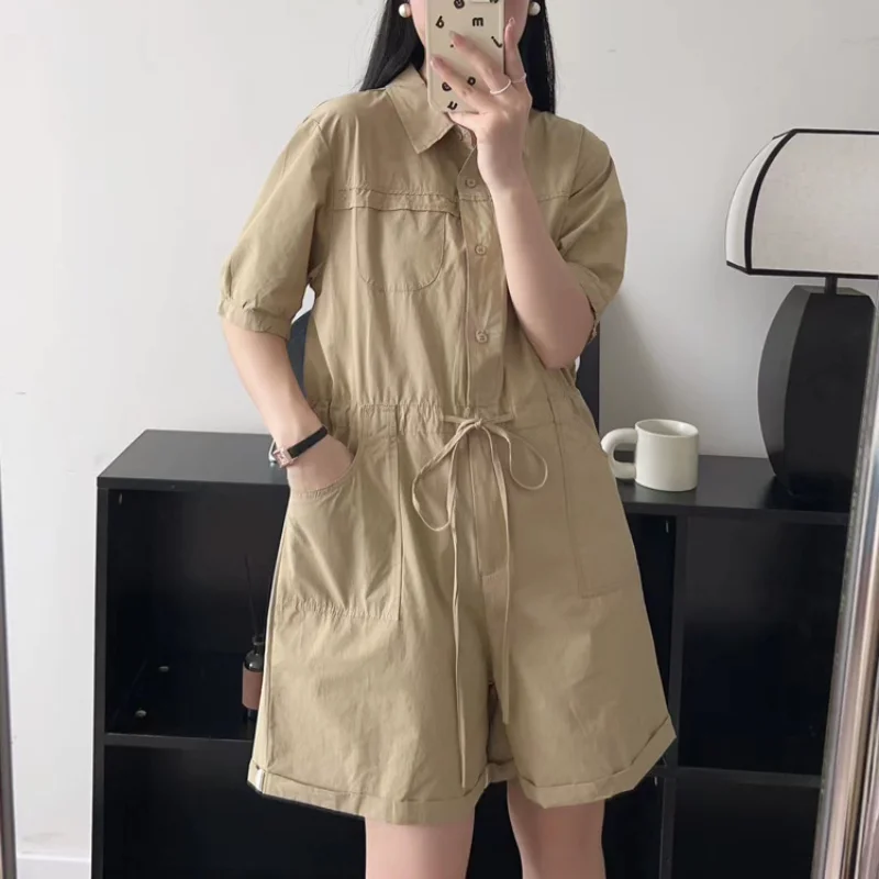 

2023 Summer New Vintage Solid Color Turn-down Collar Pocket Fashion Drawstring Casual Hooded Shorts Women's Jumpsuit Playsuit