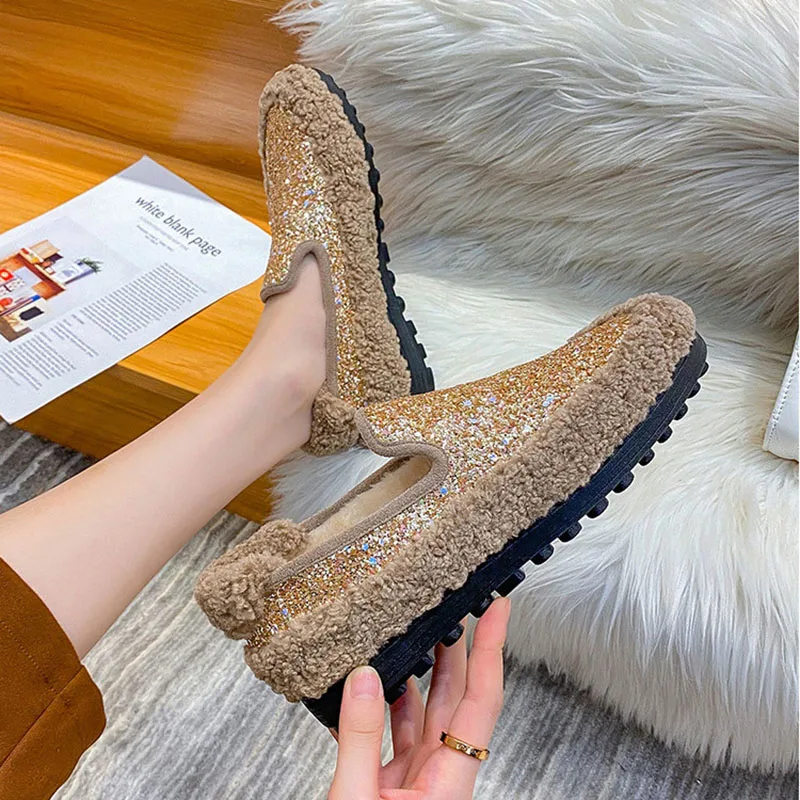 Winter Cotton Shoes Bling Sequins Lambswool Women Loafers Warm Plush Comfy Curly Sheep Fur Flats Mocasines Mujer