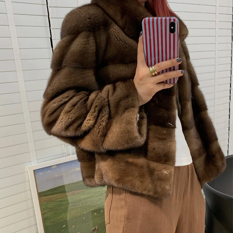 Lady Fashion Streetwear Luxury Mink Fur Jacket Winter Fluffy Women Coats Turn Down Collar Natural Mink Overcoat SF5217