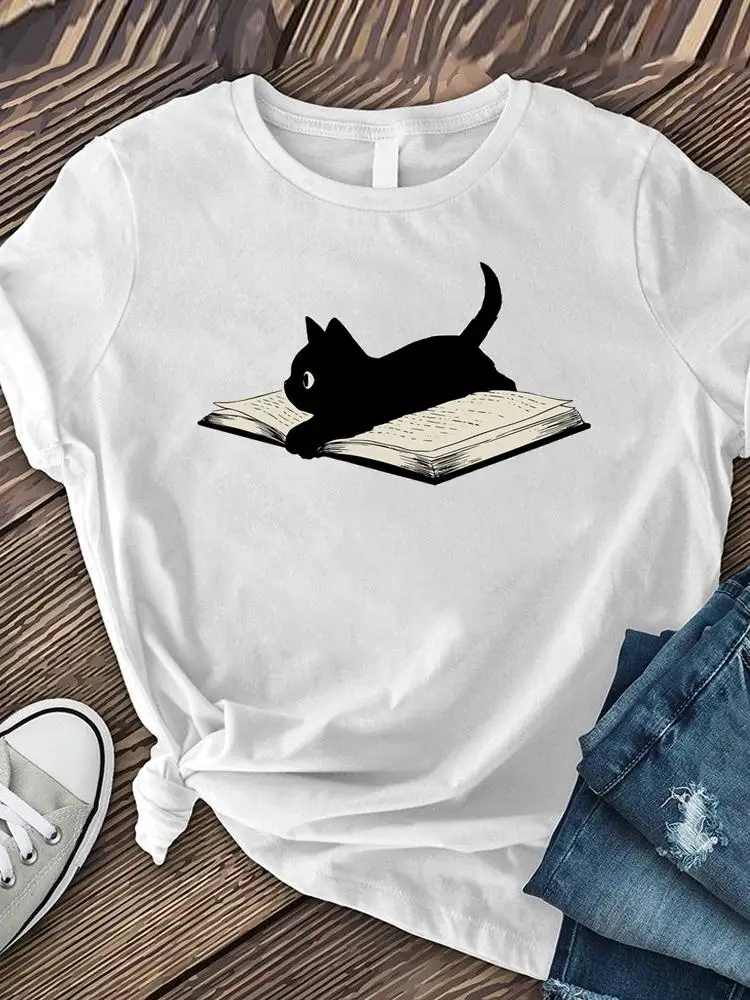 

Cat Books Vintage Style 90s Graphic Tee Print T Short Sleeve Clothes Ladies Fashion Women's Clothing Female Summer T-shirts