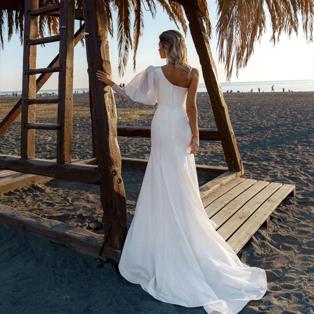 

Современные свадебные платья для женщин на молнии с открытой спиной на одно плечо с пышными рукавами платье для невесты с юбкой-годе со шлей...