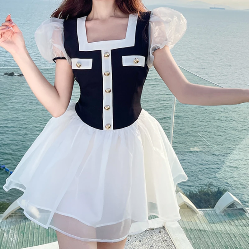 

Маленькая черная юбка с пузырьковым рукавом, контрастное платье из органзы 364j, 705-10